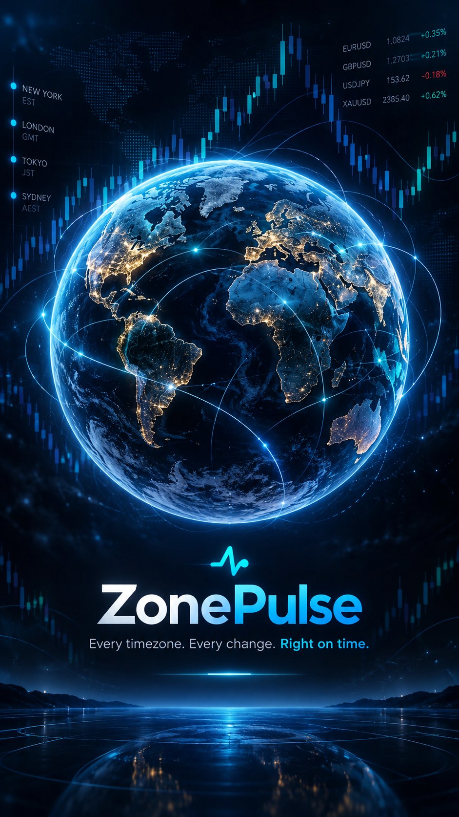 ZonePulse Earth and forex market candlestick charts